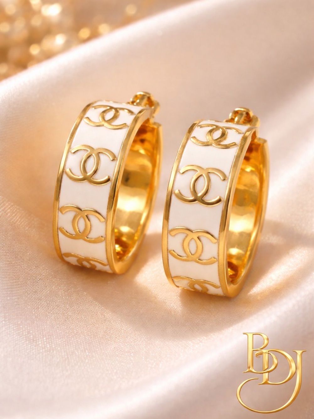 White and gold cc hoop earrings Luxury Dainty